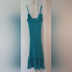 Vintage Betsey Johnson M Blue Fishnet Crochet Alpaca Sweater Mermaid Maxi Dress